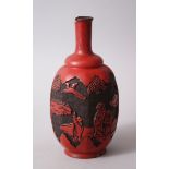 A JAPANESE MEIJI PERIOD CINNABAR LACQUER SAKE BOTTLE, decorated with scenes of figures & elders