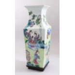 A 19TH CENTURY CHINESE CANTONESE SQUARE FORM PORCELAIN VASE & STAND, decorated to depict scenes of