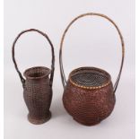 TWO FINE JAPANESE MEIJI PERIOD WOVEN BAMBOO IKEBANA BASKET ARTIST SIGNED, the baskets both with