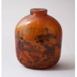 A 19TH CENTURY AMBER COLOURED GLASS REVERSE PAINTED SNUFF BOTTLE, painted with scenes of chinese