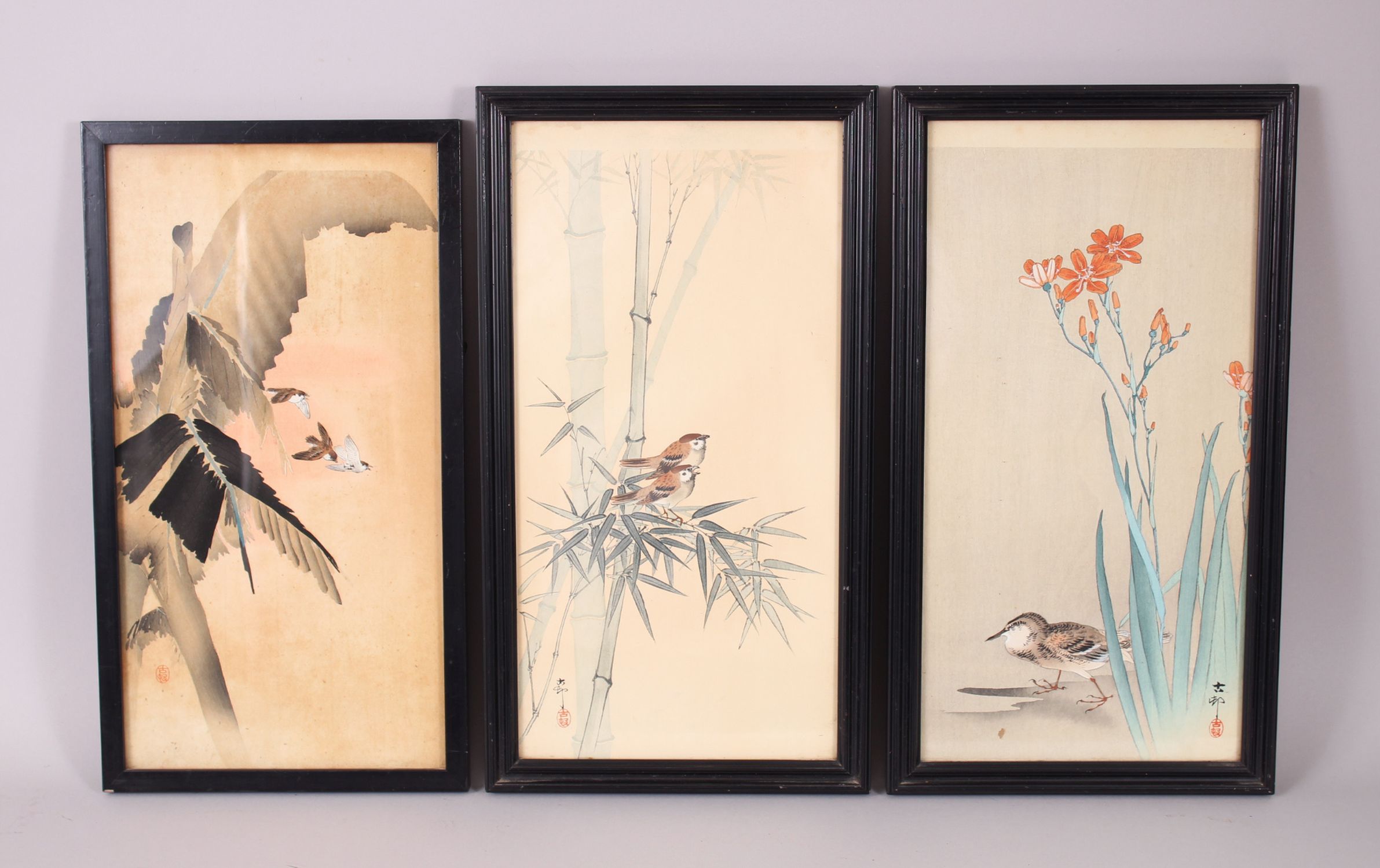 A SET OF THREE 19TH / 20TH CENTURY JAPANESE FRAMED UKIYO-E / WOODCUT PRINTS, one depicting birds sat