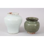 TWO 18TH CENTURY CHINESE PROVINCIAL POTS / JARS, one with crackle glaze (longquan) and a metal