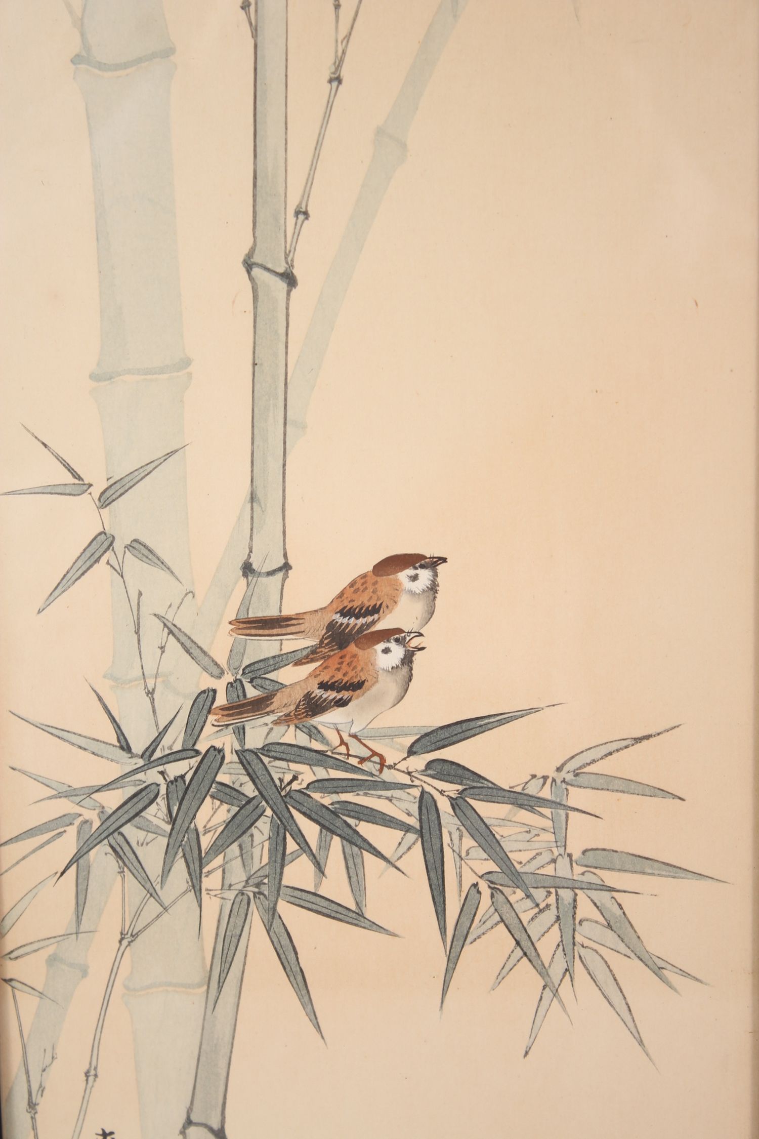 A SET OF THREE 19TH / 20TH CENTURY JAPANESE FRAMED UKIYO-E / WOODCUT PRINTS, one depicting birds sat - Image 3 of 7