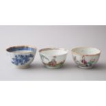 THREE CHINESE 18TH / 19TH CENTURY PORCELAIN TEA BOWLS / CUPS, decorated with figures amongst foliage