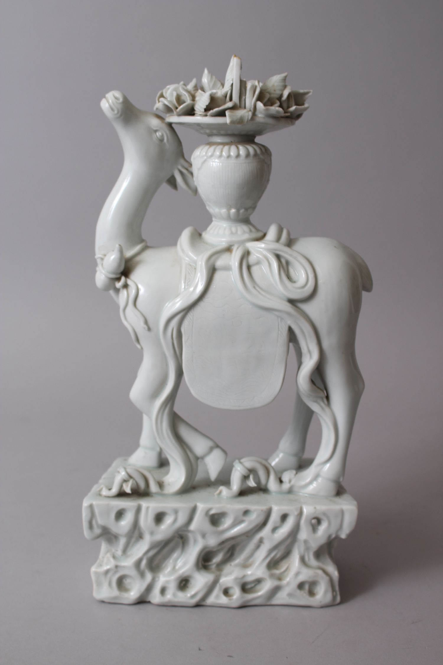 A GOOD 19TH CENTURY CHINESE CHINE DE BLANC PORCELAIN FIGURE OF A DEER, stood upon a rock formed base - Image 2 of 8