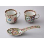 A GROUP OF THREE 19TH CENTURY CHINESE CANTON EXPORT FAMILLE ROSE PORCELAIN CUPS & SPOON, cups 5.