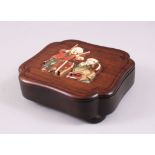 A 19TH CENTURY CHINESE HARDWOOD AND STAINED IVORY BOX & COVER, the top with inlaid carved and