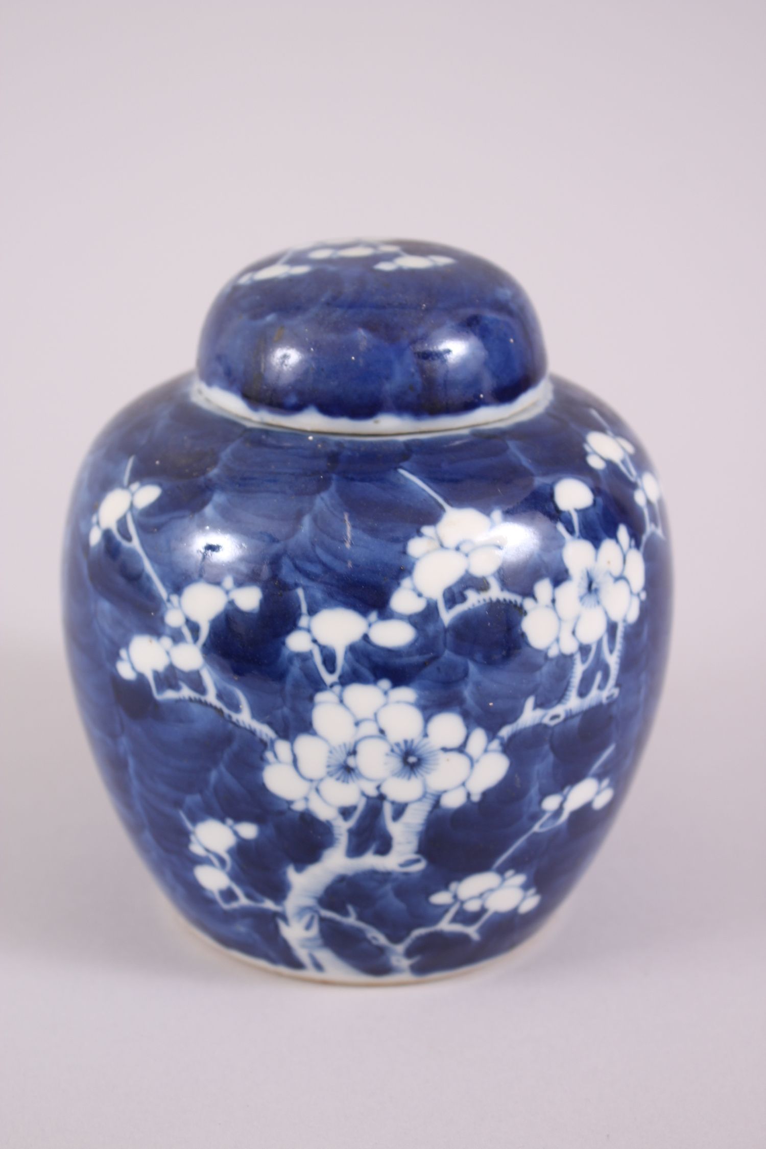 A 19TH CENTURY CHINESE BLUE & WHITE PRUNUS JAR & COVER, the base with a double blue ring, 14cm - Image 3 of 7