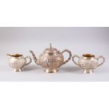 A GOOD QUALITY CALCUTTA INDIAN SOLID SILVER BAMBOO FORM TEA SET, consisting of the teapot, creamer