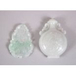 TWO CHINESE CARVED JADEITE TABLET / PENDANTS, one carved in the form of a moonflask, the other in