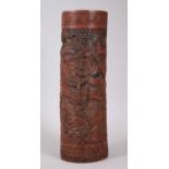 A GOOD 19TH CENTURY CHINESE BAMBOO BRUSH POT, finely carved to depict scene of a warrior upon