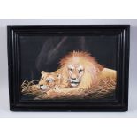 A GOOD JAPANESE MEIJI PERIOD EMBROIDERED SILK PICTURE OF A LIONESS AND HER CUB, worked upon a