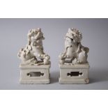 PAIR OF 19TH CENTURY CHINESE CHINE DE BLANC / DEHUA LION DOG FIGURES, both seated upon pierced