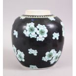 A 19TH CENTURY CHINESE FAMILLE NOIRE PORCELAIN JAR, with enamel decoration of floral buds, 22cm high