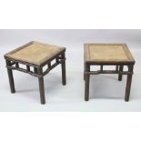 A PAIR OF 19TH / 20TH CENTURY CHINESE HARDWOOD LATTICE WEAVE TOP SQUARE TABLES, 50.6cm high x 51.3cm