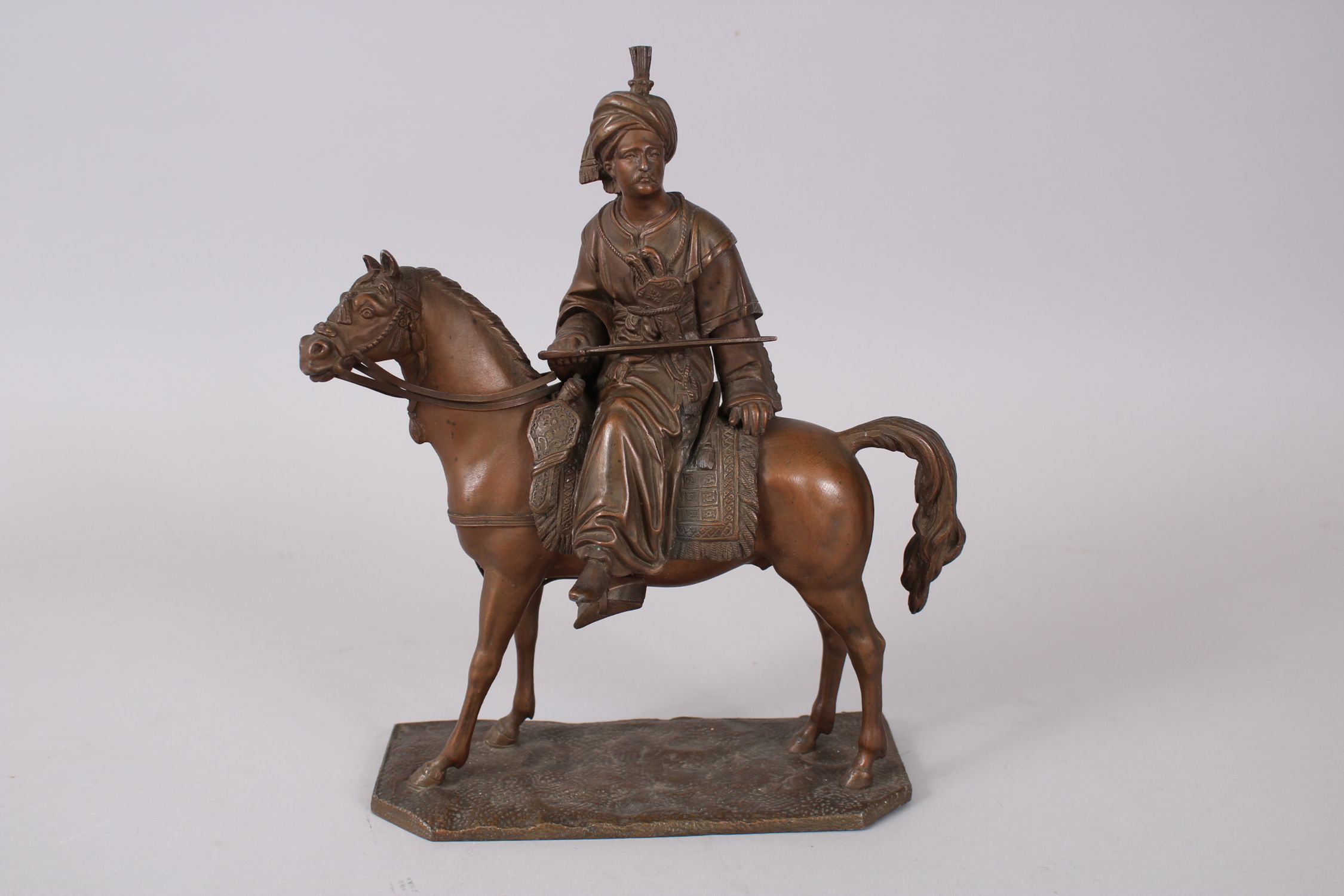 A GOOD BRONZE FIGURE OF A TURKISH MAN UPON HORSE, the figure seated sideways upon the horse - Image 2 of 8