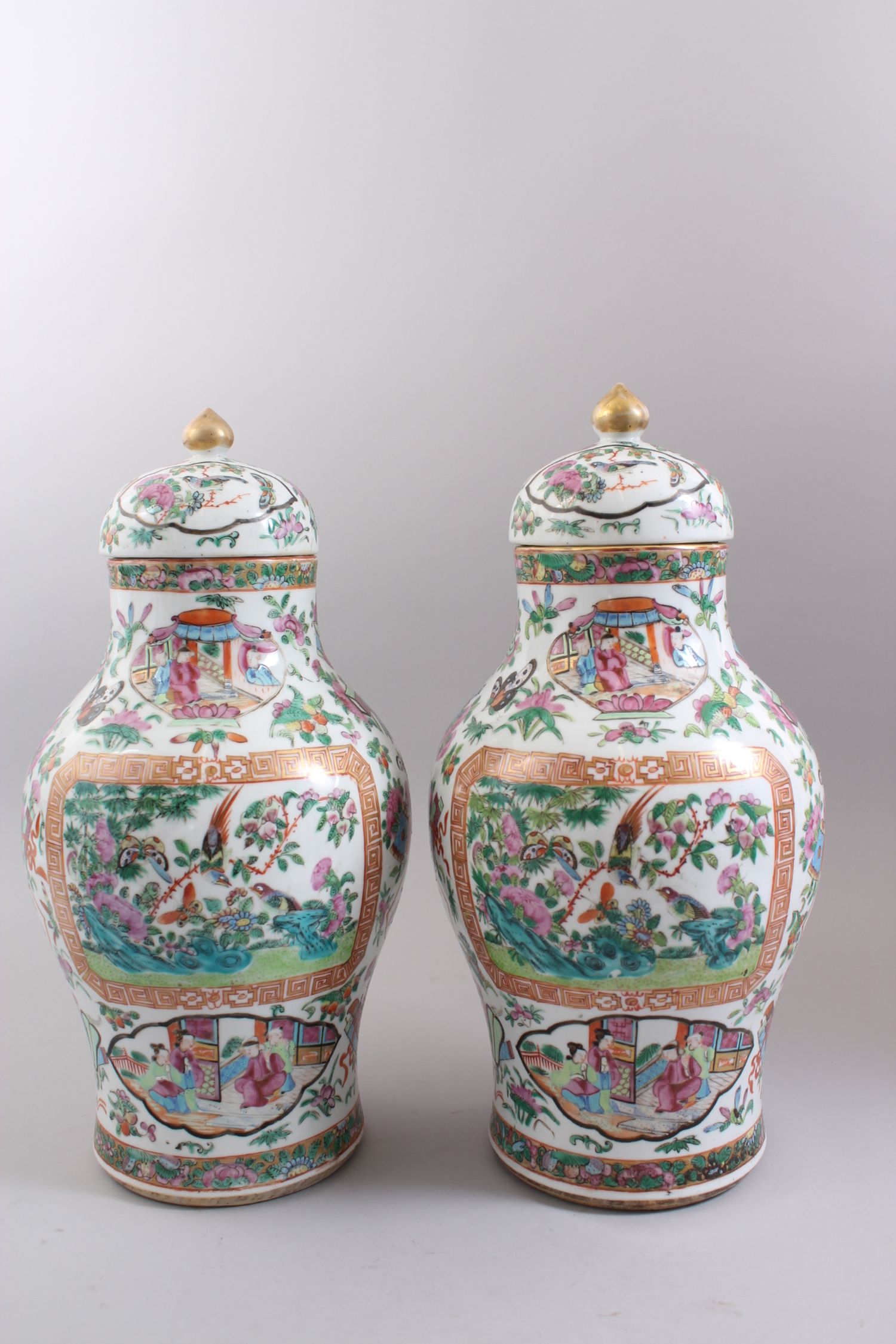 A GOOD PAIR OF 19TH CENTURY CHINESE CANTONESE VASES & COVERS, decorated with panels of birds and - Image 3 of 7
