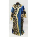 A 19TH/20TH CENTURY CHINESE BLUE GROUND EMBROIDERED SILK ROBE, approx. 135cm from back of collar