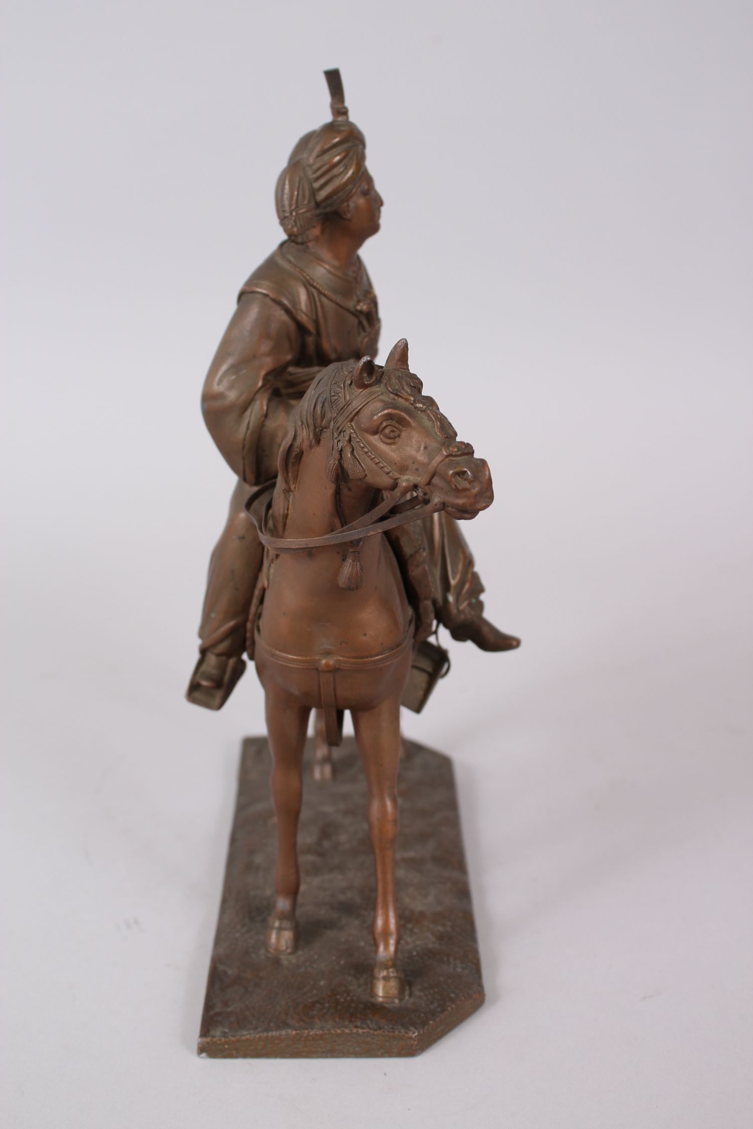 A GOOD BRONZE FIGURE OF A TURKISH MAN UPON HORSE, the figure seated sideways upon the horse - Image 3 of 8