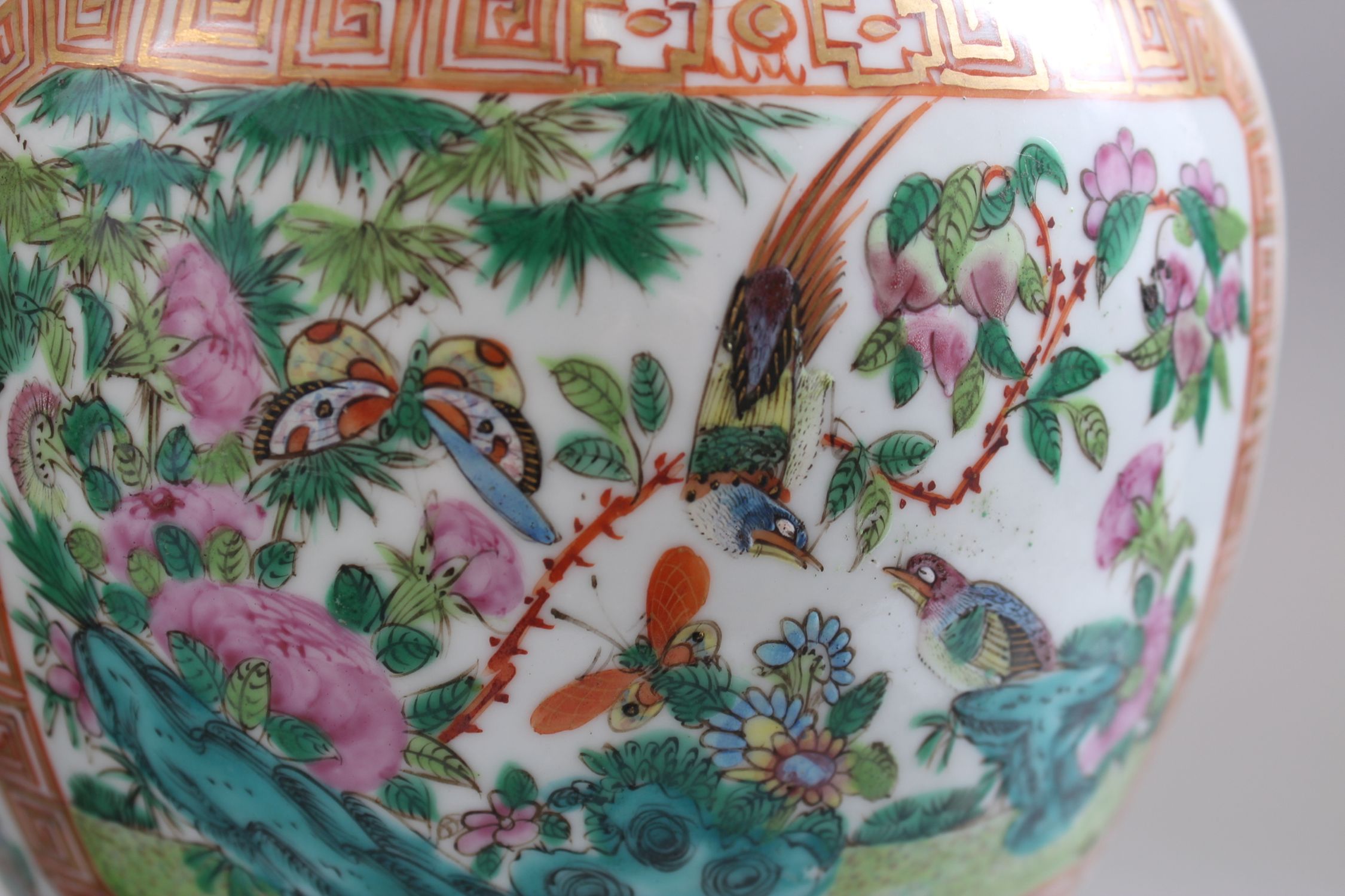 A GOOD PAIR OF 19TH CENTURY CHINESE CANTONESE VASES & COVERS, decorated with panels of birds and - Image 5 of 7