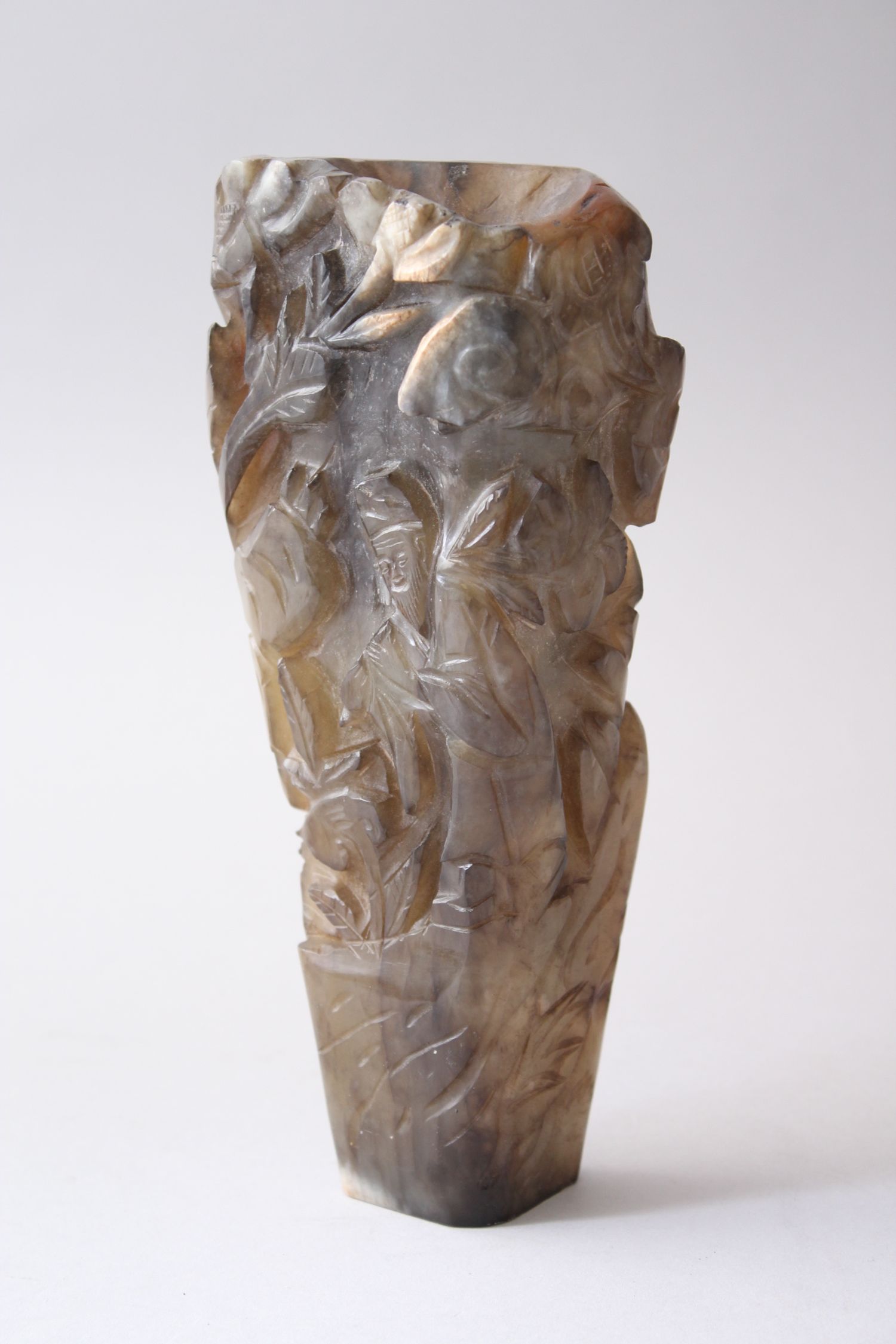 A CHINESE 19TH / 20TH CENTURY JADE CARVING IN THE FORM OF A VASE OR BRUSH HOLDER, with carved scenes - Image 2 of 4