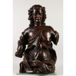 A 17TH - 18TH CENTURY ITALIAN CARVED FRUITWOOD ANGEL, half length. 74cms high.