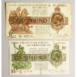 UNITED KINGDOM OF GREAT BRITAIN AND IRELAND TEN SHILLING NOTE, U78 927716 and ONE POUND, R95