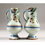 TWO SMALL ROUEN POLYCHROME JUGS. 10cms high.