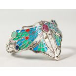 A SILVER, RUBY, EMERALD AND SAPPHIRE SET DRAGONFLY BANGLE.