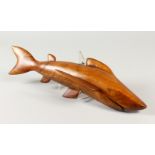 A PITCAIRN ISLAND CARVED WOOD SHARK by JOHN CHRISTIAN. Signed. 50cms long.