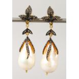 A GOOD PAIR OF GOLD AND SILVER SET DIAMOND AND BAROQUE PEARL EARRINGS.