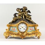 A GOOD 19TH CENTURY FRENCH ORMOLU, BRONZE AND SEVRES CLOCK by LAMBELIN, PARIS, surmounted by two