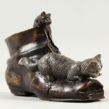 A VIENNA STYLE BRONZE, modelled as a cat and mouse on a boot. 15cms long.