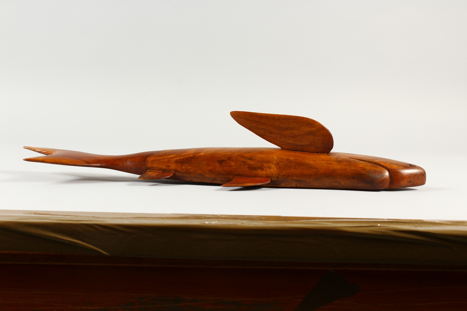 A PITCAIRN ISLAND CARVED WOOD SHARK by JOHN CHRISTIAN. Signed. 50cms long. - Image 3 of 7