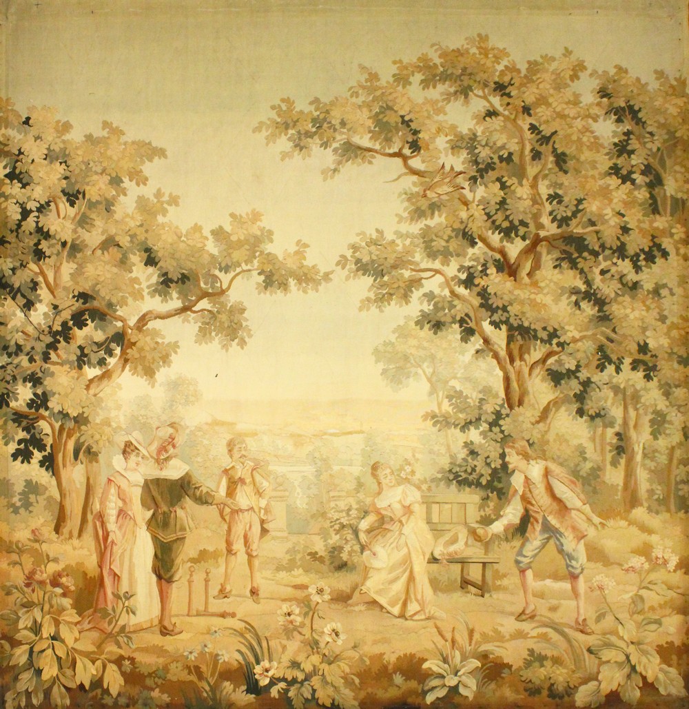 A GOOD LARGE LATE 19TH CENTURY TAPESTRY PICTURE, depicting a courting couple and other figures in