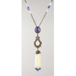 A SILVER AND GOLD SET REAL OPAL, DIAMOND AND TANZANITE NECKLACE.
