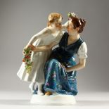 A SUPERB MEISSEN PORCELAIN GROUP Entitled "SISTERS" CIRCA 1900, a young girl carrying encrusted