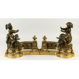 A SUPERB PAIR OF 18TH-19TH CENTURY FRENCH BRONZE AND BRASS CHENETS with bronze cupids, pineapple