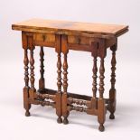 A 17TH CENTURY AND LATER WALNUT FOLD-OVER GATE-LEG TABLE, with quarter veneered top, later leather