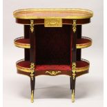 A FRENCH STYLE MAHOGANY AND ORMOLU KIDNEY SHAPE ETAGERE, with an open centre flanked by shelves.