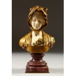 J. B. CREUZE (CIRCA 1910). A GOOD SMALL GILT BRONZE AND IVORY BUST OF A YOUNG LADY on a marble