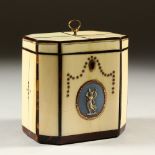 A GOOD GEORGE III IVORY AND TORTOISESHELL OCTAGONAL SHAPED TEA CADDY, the front with oval Jasperware