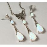 A SILVER MARCASITE AND OPAL NECKLACE AND EARRINGS.