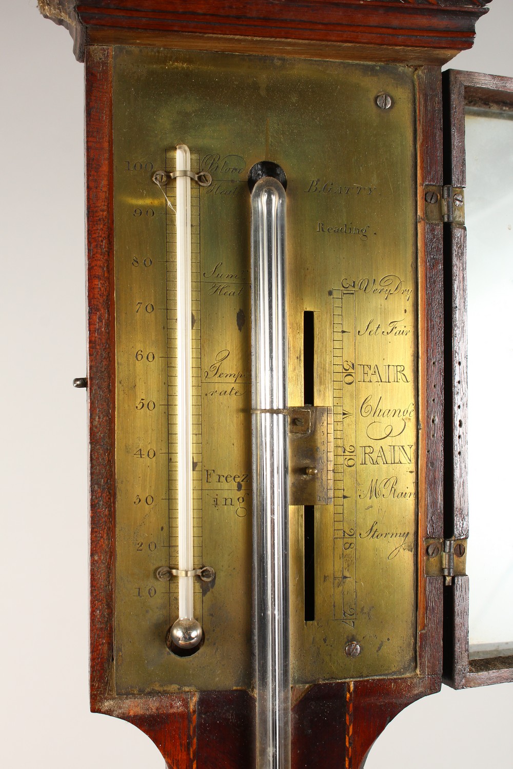 A GEORGE III MAHOGANY STICK BAROMETER by B. GATTY, READING, with brass face. 37ins long. - Image 2 of 10