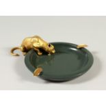 A RUSSIAN SILVER GILT AND HARDSTONE ASHTRAY modelled as a tiger drinking at a pool. 18cms wide.