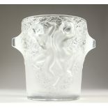 A LARGE HEAVY LALIQUE FROSTED GLASS ICE PAIL, the sides with moulded nude figures and square