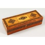 A GOOD TUNBRIDGE WARE RECTANGULAR PEN BOX, with three-division top and blue velvet interior. 24cms