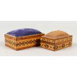 TWO SMALL TUNBRIDGE WARE RECTANGULAR PIN CUSHIONS. 9cms and 7cms long.