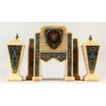 A SUPERB ART DECO MARBLE AND CHAMPLEVE ENAMEL THREE PIECE CLOCK GARNITURE, the movement striking