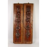 A PAIR OF 18TH CENTURY CARVED FRUITWOOD PANELS with oak surrounds. 92cms long x 15cms wide.